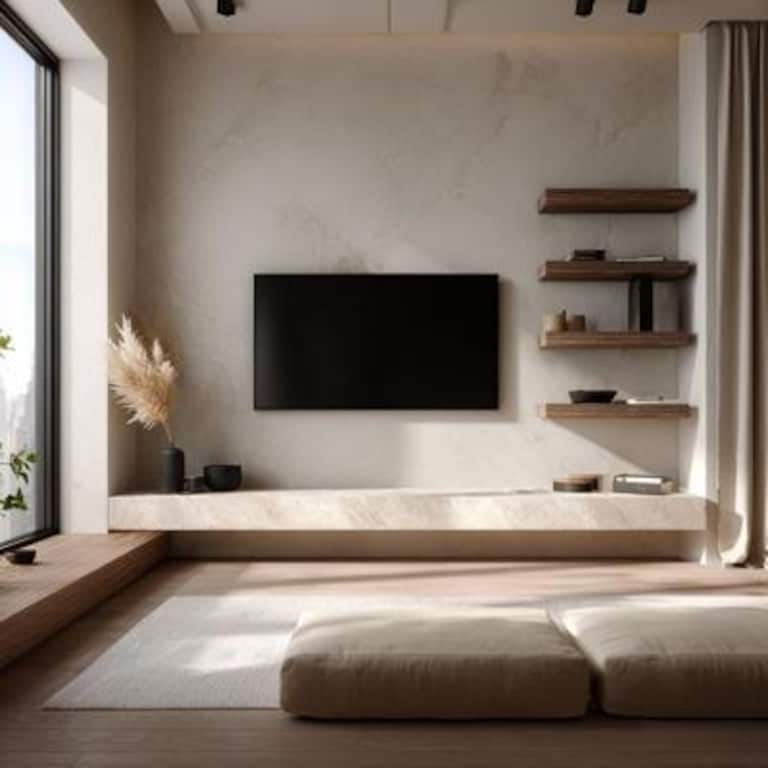 Minimal TV Unit Design with Floating Shelves and Drawers