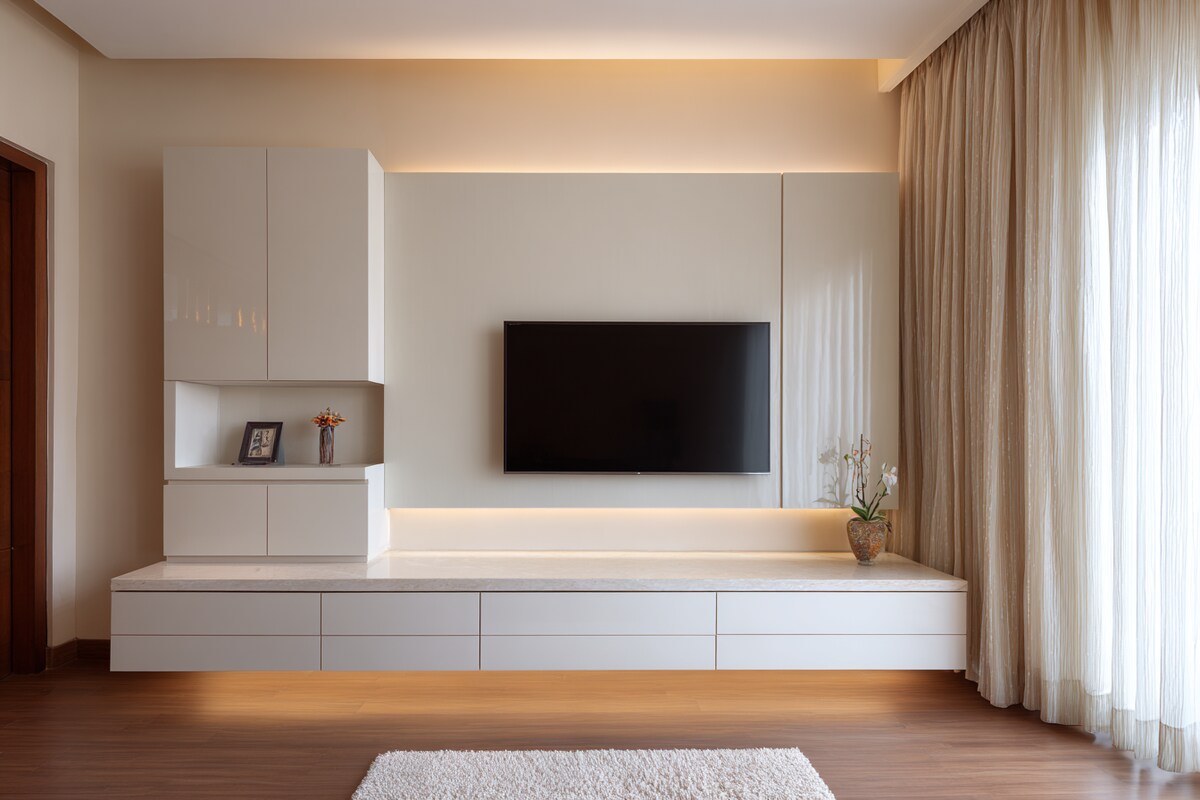 Minimal TV Unit Design With Integrated Concealed Storage Panels