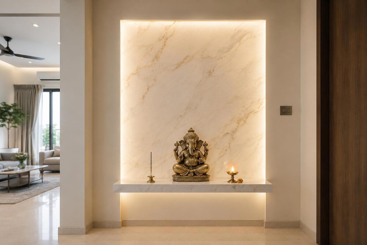 Minimal Wall Mounted Pooja Room Design with Marble Backlit Display Minimal Wall Mounted Pooja Room Design with Marble Backlit Display
