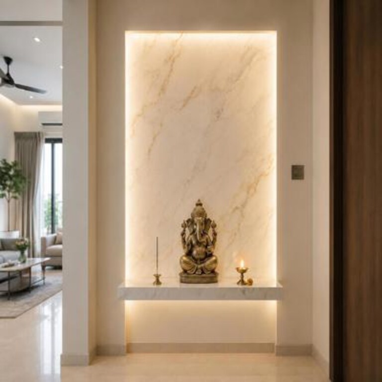 Minimal Wall Mounted Pooja Room Design with Marble Backlit Display