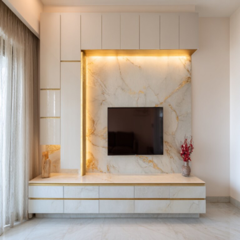 Minimal White TV Unit Design With Gold Accents and Backdrop Minimal White TV Unit Design With Gold Accents and Backdrop