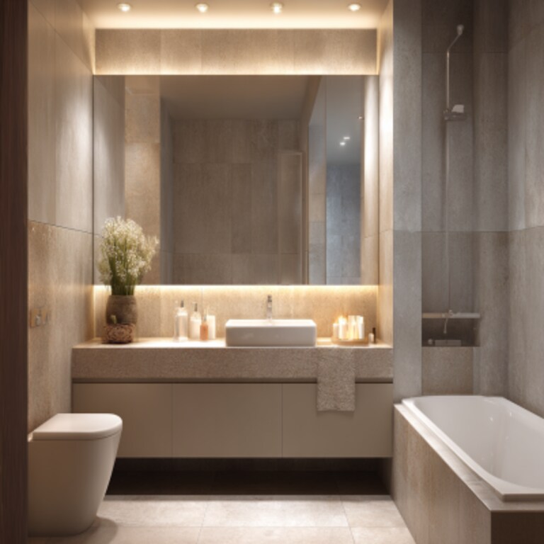 Minimalist Bathroom Design with Cream Tiles and Drawer Vanity