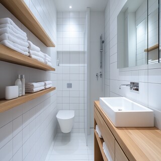 Minimalist Bathroom Design with White Tiles and Wooden Countertop