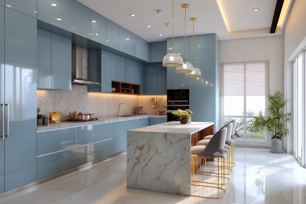 Minimalist Open Kitchen Design in Celestial Blue and Quartz Minimalist Open Kitchen Design in Celestial Blue and Quartz