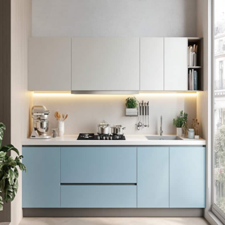 Minimalist Straight Kitchen Design in White Blue Tones