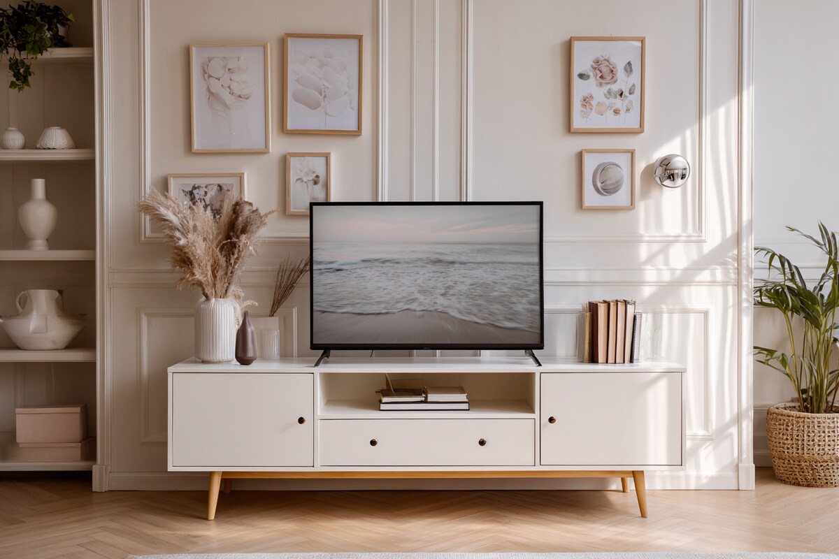 Minimalist TV Cabinet With Drawer Storage And Wall Ledges Minimalist TV Cabinet With Drawer Storage And Wall Ledges