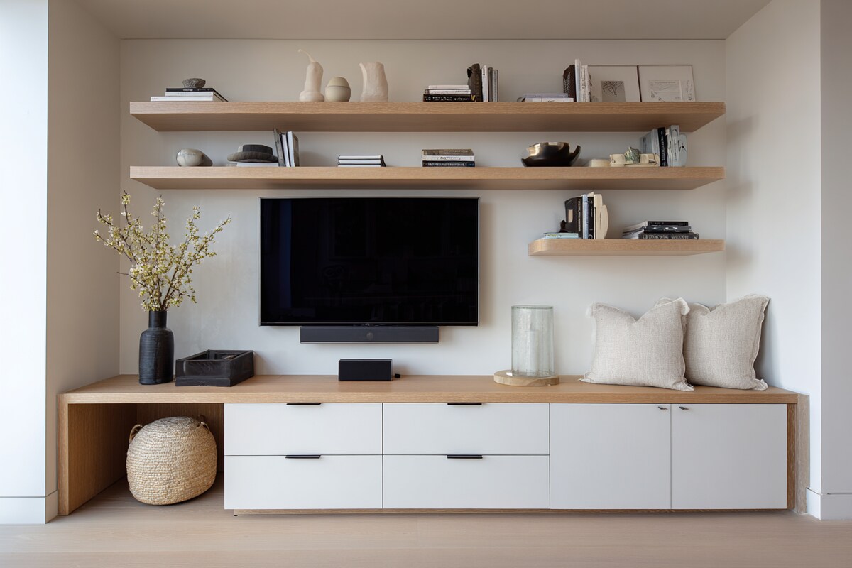 Minimalist TV Unit Design With Spacious Drawers And Open Shelves Minimalist TV Unit Design With Spacious Drawers And Open Shelves