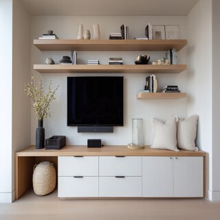 Minimalist TV Unit Design With Spacious Drawers And Open Shelves