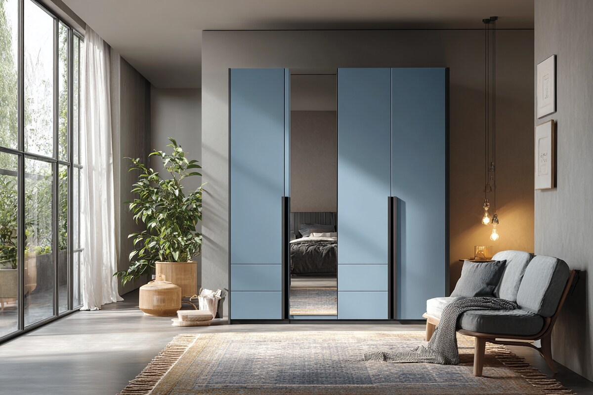 Modern 3-Door Blue Swing Wardrobe Design with Mirrored Panel and Black Pulls