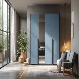 Modern 3-Door Blue Swing Wardrobe Design with Mirrored Panel and Black Pulls