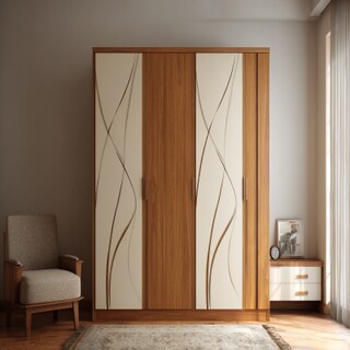 Modern 3-Door Swing Wardrobe Design in Acacia and Cream