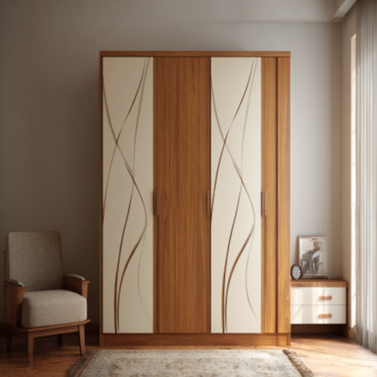 Modern 3-Door Swing Wardrobe Design in Acacia and Cream