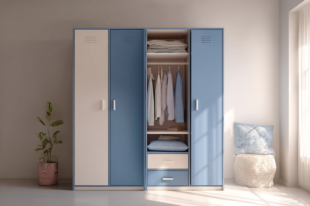 Modern 3-Door Swing Wardrobe Design in Beige and Denim Blue