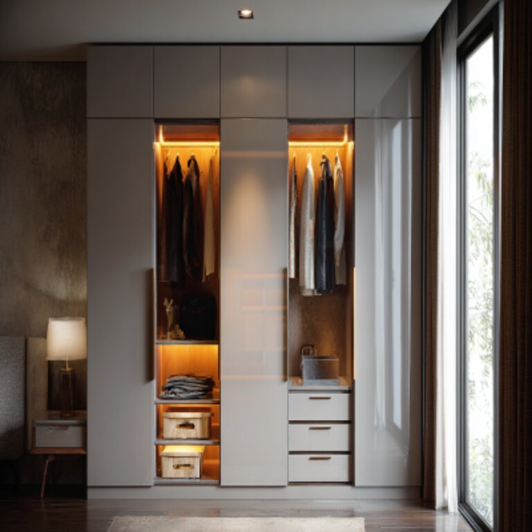 Modern 3-Door Swing Wardrobe Design with Integrated Lighting Drawer and Cabinet Space