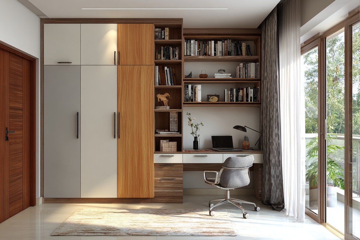 Modern 3-Door Swing Wardrobe Design with Integrated Study Table Modern 3-Door Swing Wardrobe Design with Integrated Study Table