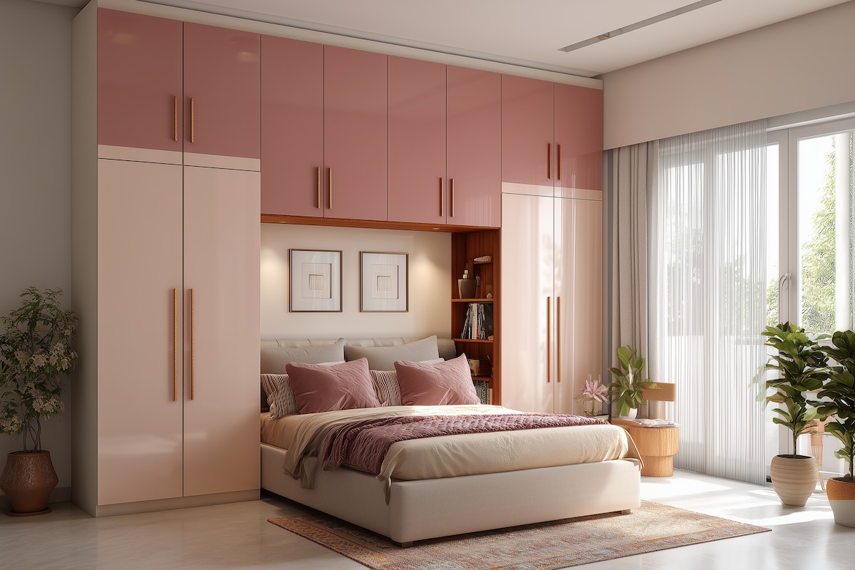 Modern 4-Door Swing Wardrobe Design in Champagne with Rose Pink Loft