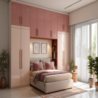 Modern 4-Door Swing Wardrobe Design in Champagne with Rose Pink Loft