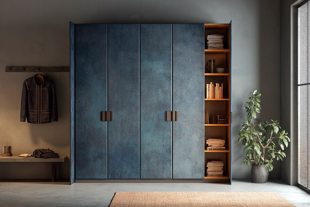 Modern 4-Door Swing Wardrobe Design in Denim Suedette Matt Modern 4-Door Swing Wardrobe Design in Denim Suedette Matt