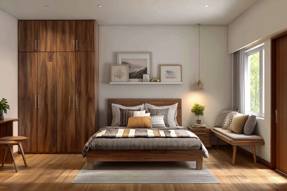 Modern 4-Door Swing Wardrobe Design in Persian Walnut with Loft Modern 4-Door Swing Wardrobe Design in Persian Walnut with Loft