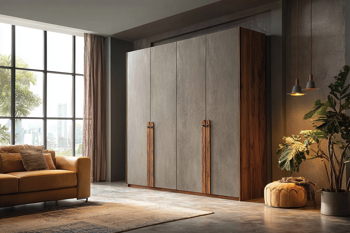 Modern 4-Door Swing Wardrobe Design in Pumice Grey and Hooked Acacia with Suede Finish Modern 4-Door Swing Wardrobe Design in Pumice Grey and Hooked Acacia with Suede Finish