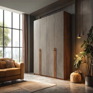 Modern 4-Door Swing Wardrobe Design in Pumice Grey and Hooked Acacia with Suede Finish