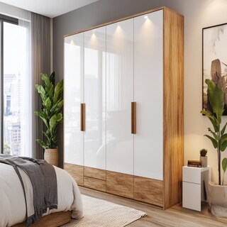 Modern 4-Door Swing Wardrobe Design in White and Wood