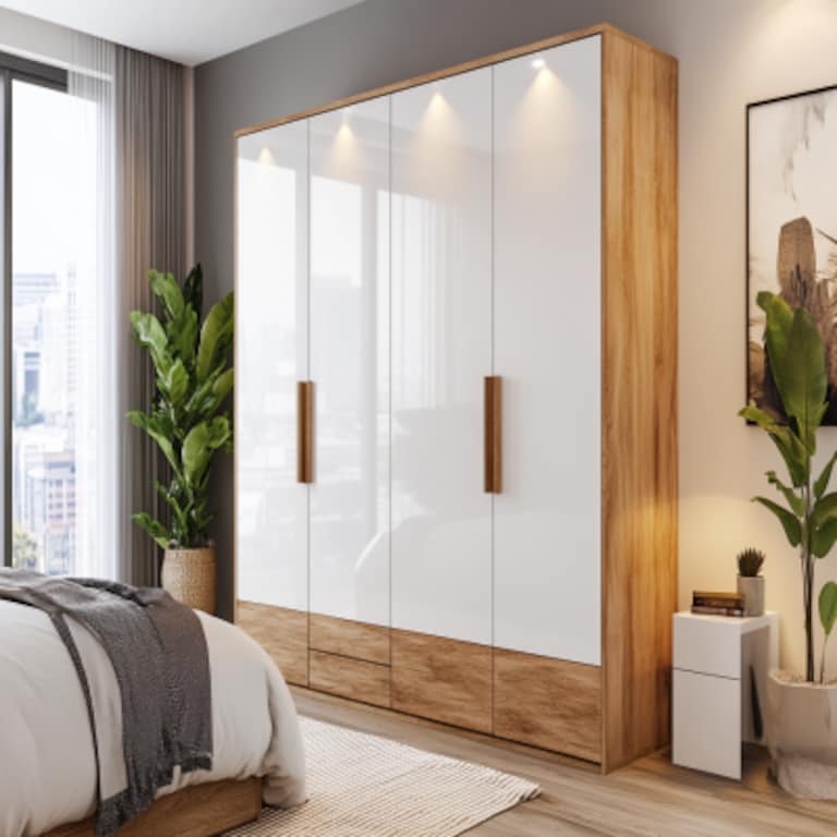 Modern 4-Door Swing Wardrobe Design in White and Wood