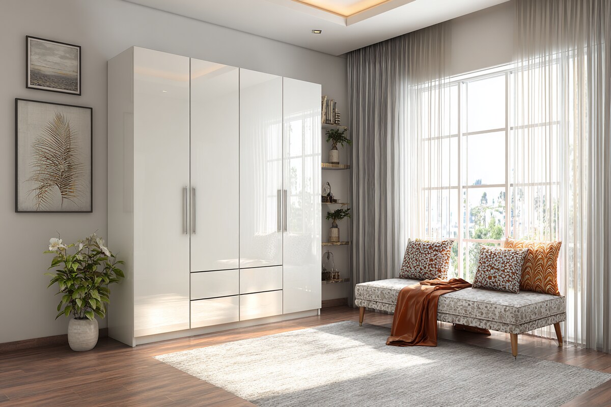 Modern 4-Door Swing Wardrobe Design in White with High Gloss Finish Modern 4-Door Swing Wardrobe Design in White with High Gloss Finish
