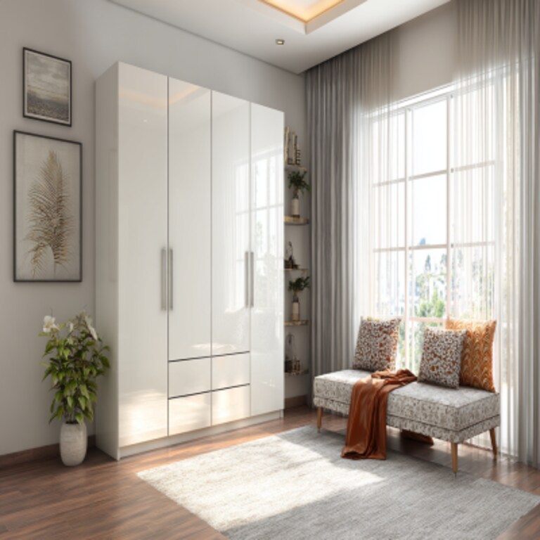 Modern 4-Door Swing Wardrobe Design in White with High Gloss Finish