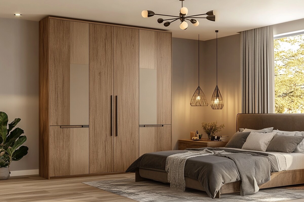 Modern 4-Door Swing Wardrobe Design with Suede Finish Modern 4-Door Swing Wardrobe Design with Suede Finish