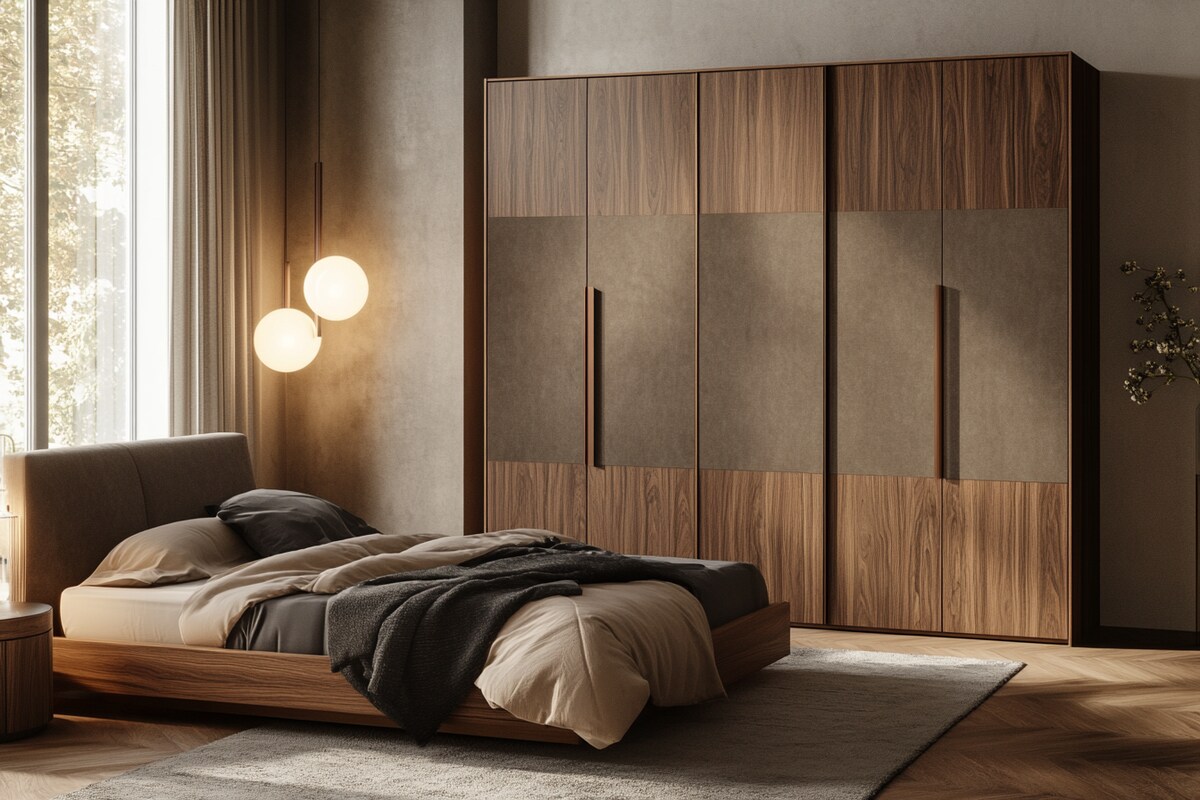 Modern 4-Door Wardrobe Design in Walnut with Suede Finish Modern 4-Door Wardrobe Design in Walnut with Suede Finish