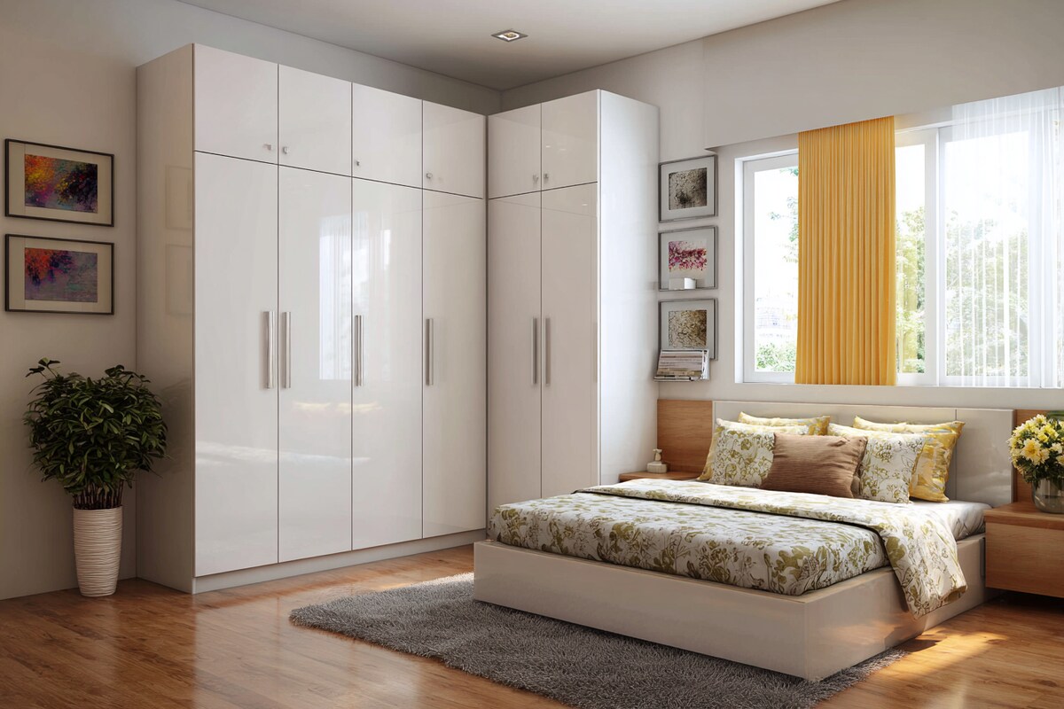 Modern 5-Door Swing Wardrobe Design in White with L-Shaped Layout Modern 5-Door Swing Wardrobe Design in White with L-Shaped Layout