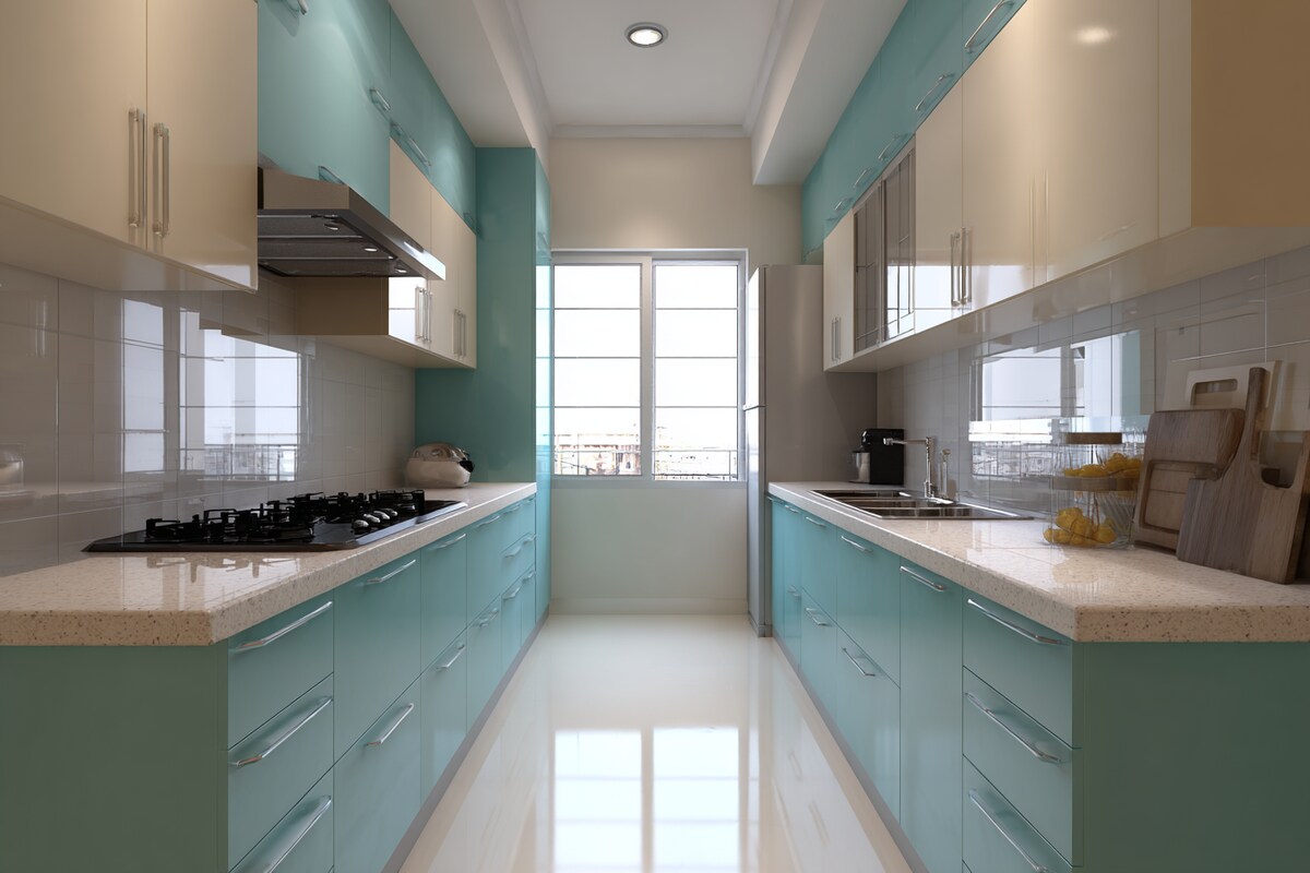 Modern Aqua Blue and Cream Parallel Kitchen Design Modern Aqua Blue and Cream Parallel Kitchen Design
