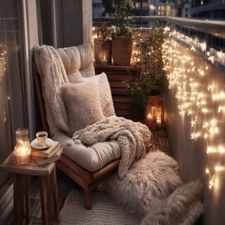 Modern Balcony Design with Cosy Lights and Wooden Lounge Chair