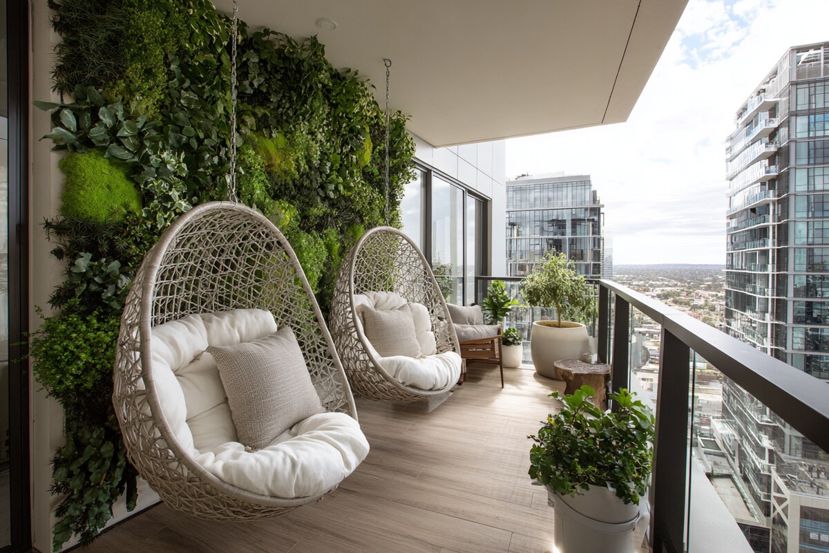 Modern Balcony Design with Modern Green Wall and Hanging Egg Chairs