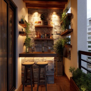 Modern Balcony Design with Stone Walls, Wooden Shelves, and Bar Counter