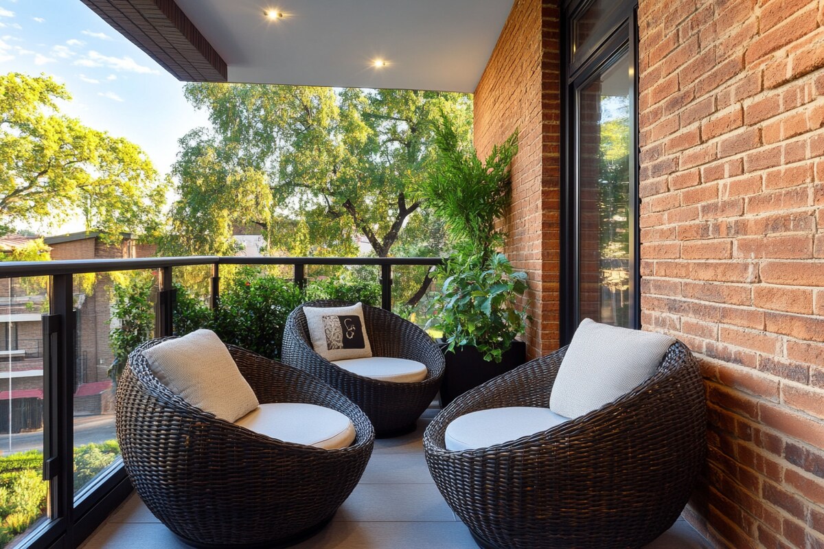 Modern Balcony Design with Swivel Chairs and Brick Wall Touch Modern Balcony Design with Swivel Chairs and Brick Wall Touch