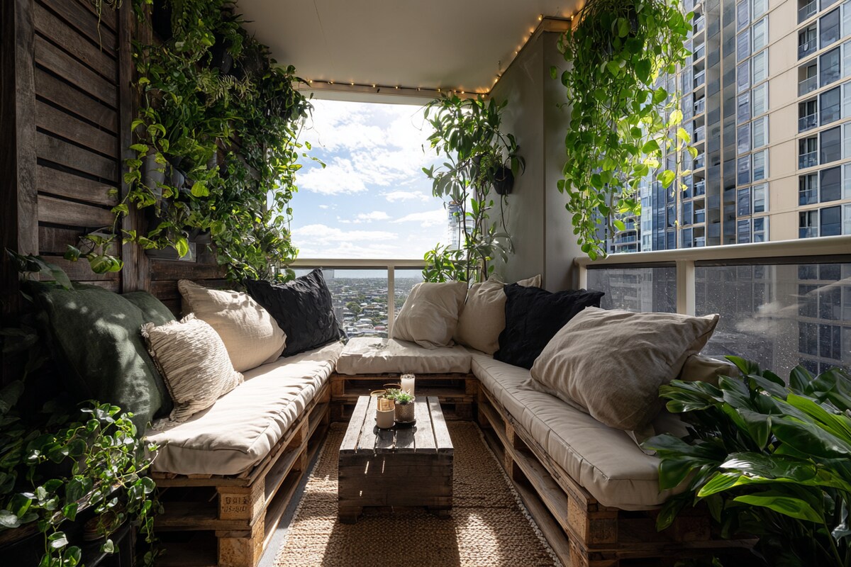 Modern Balcony Design with Vertical Garden and Lounge Seating Modern Balcony Design with Vertical Garden and Lounge Seating