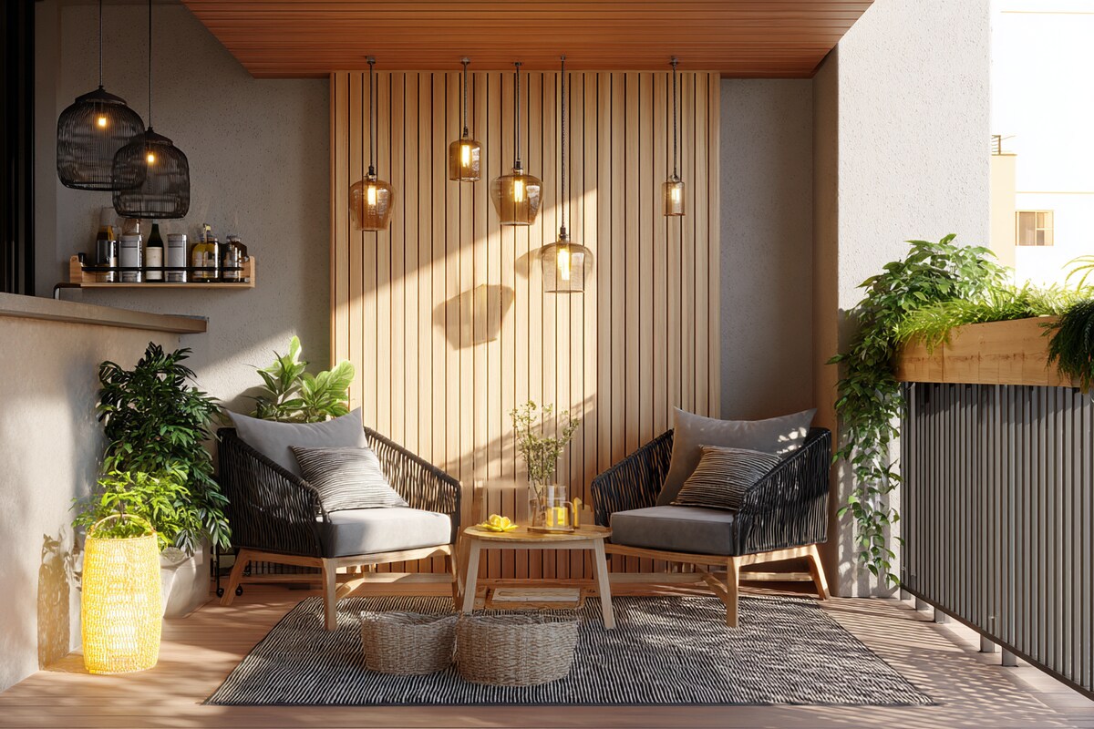 Modern Balcony Design with Wood Panels and Rattan Chairs Modern Balcony Design with Wood Panels and Rattan Chairs