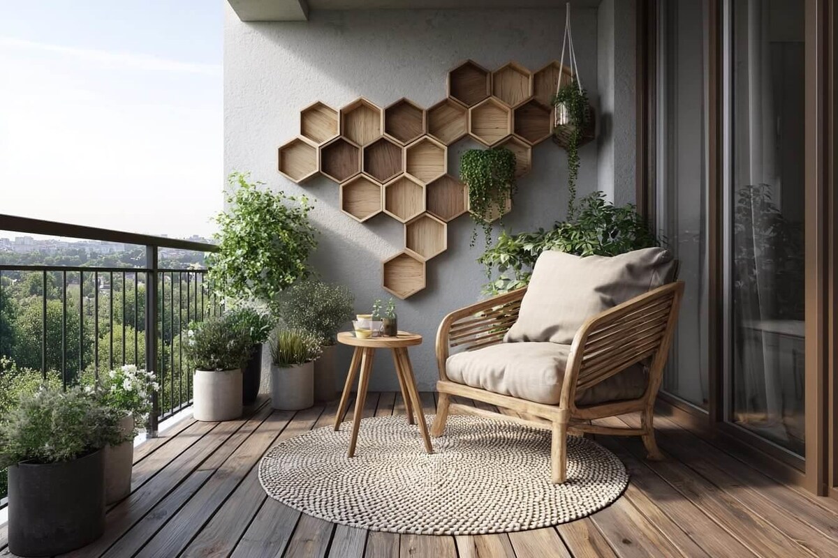 Modern Balcony Design with Wooden Hexagon Wall Decor Modern Balcony Design with Wooden Hexagon Wall Decor