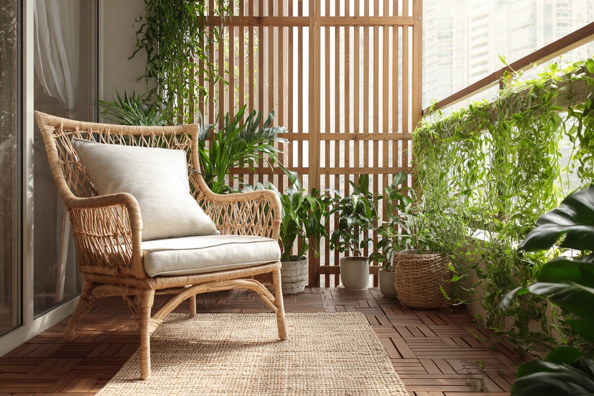 Modern Balcony Design with Wooden Screen, Wicker Chair and Planters Modern Balcony Design with Wooden Screen, Wicker Chair and Planters