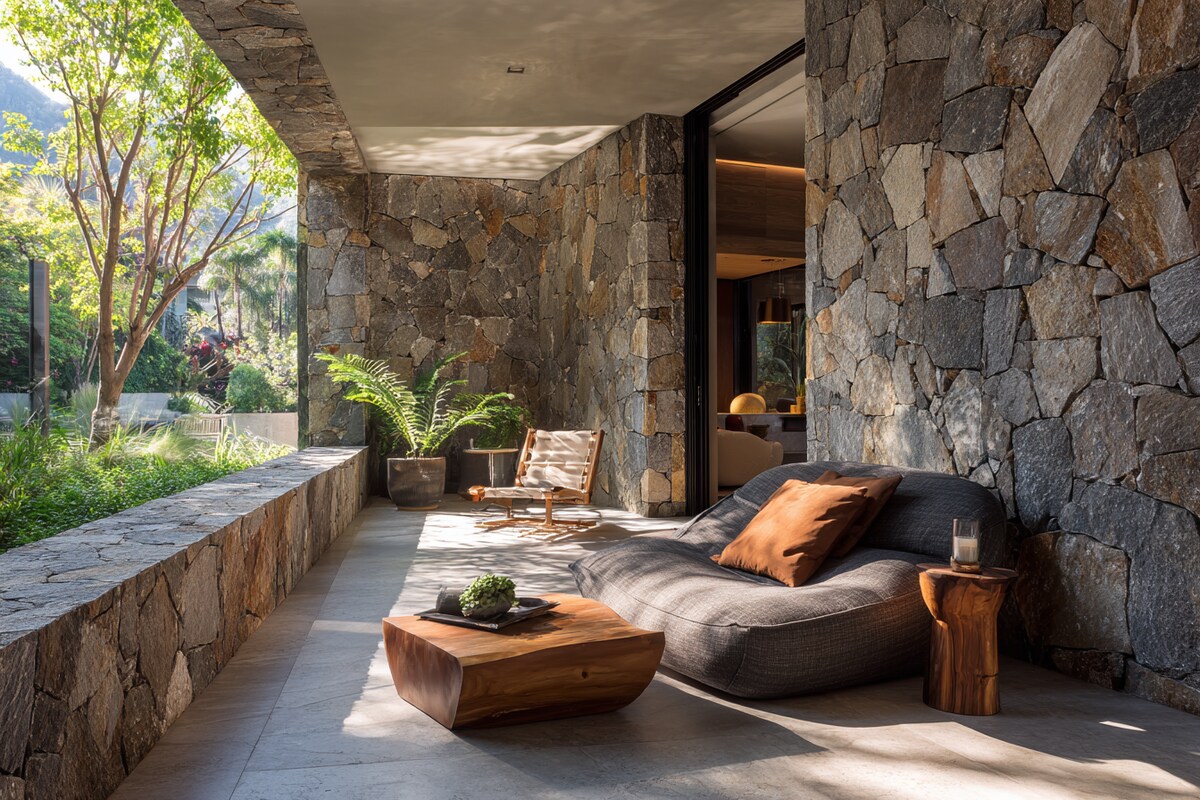 Modern Balcony Design with Wooden Slats, Vertical Garden, and Wicker Chair