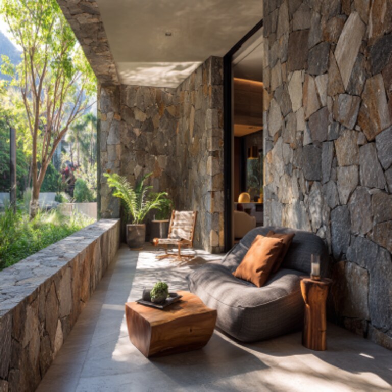 Modern Balcony Design with Wooden Slats, Vertical Garden, and Wicker Chair