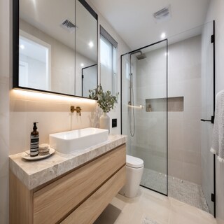 Modern Bathroom Design With A Cream Marble Countertop
