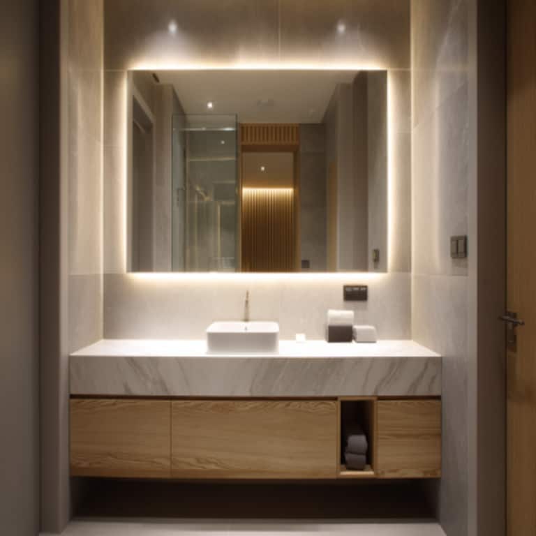 Modern Bathroom Design With A Large Backlit Mirror