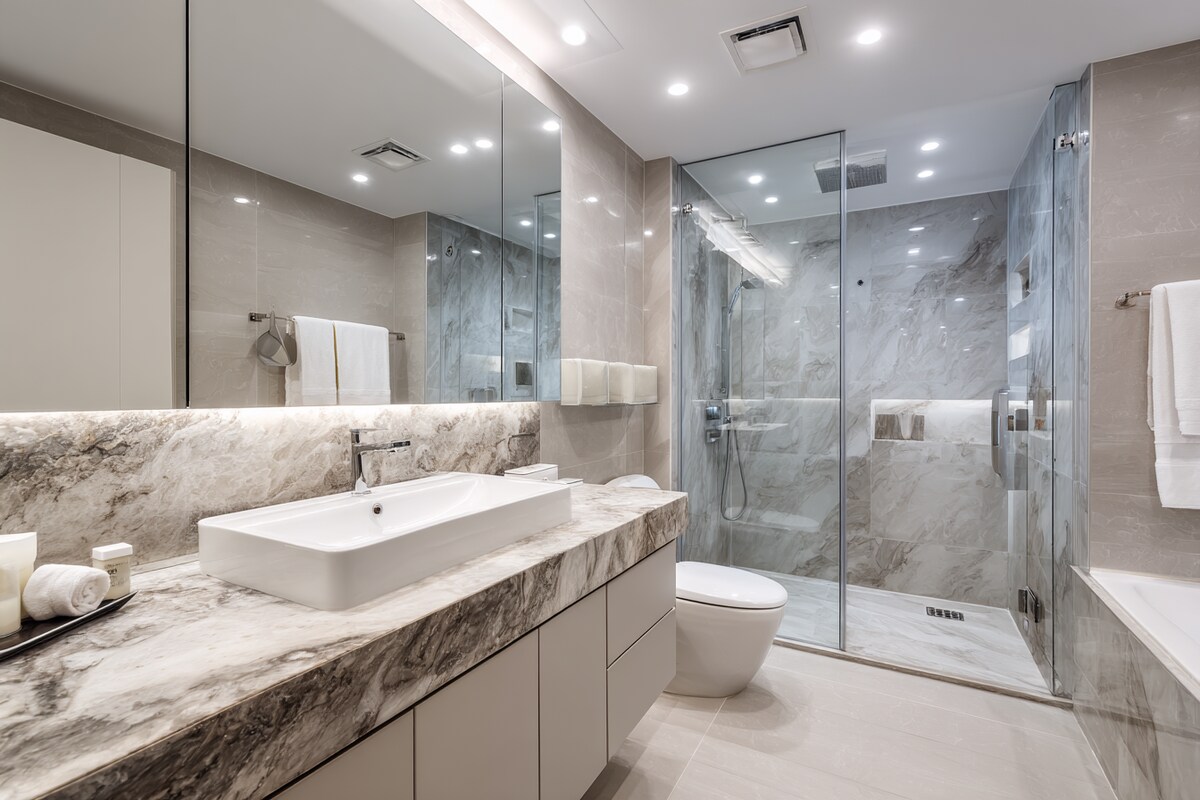Modern Bathroom Design With A Marble Countertop Modern Bathroom Design With A Marble Countertop