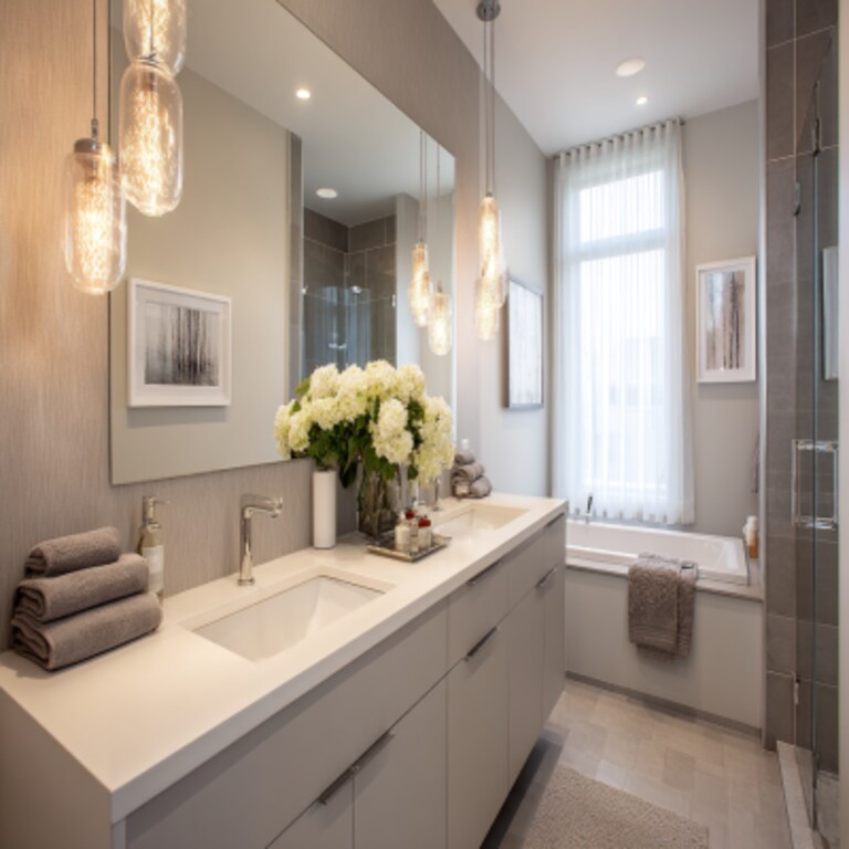 Modern Bathroom Design With Bright Hanging Lights