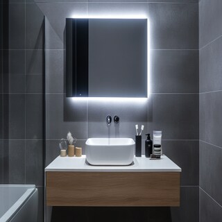 Modern Bathroom Design with Ceramic Grey Tiles and Backlit Mirror