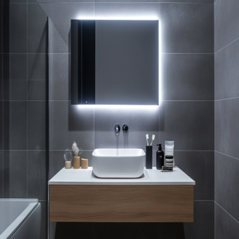 Modern Bathroom Design with Ceramic Grey Tiles and Backlit Mirror