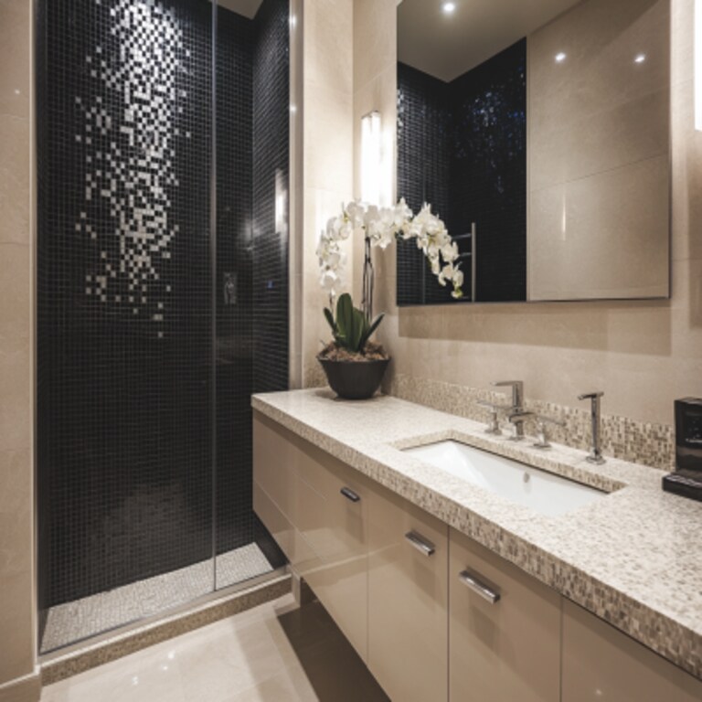 Modern Bathroom Design with Cream and Black Tiles and Quartz Countertop